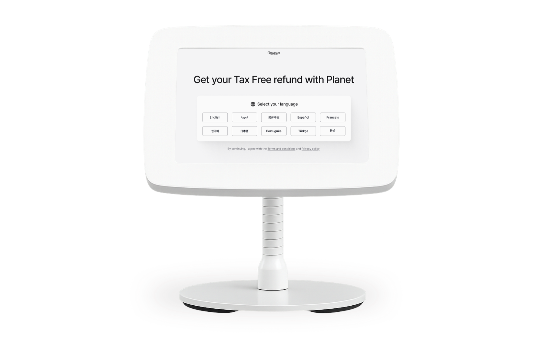 Self-service kiosk on its stand showing the welcome screen: Get your Tax Free refund with Planet, select your language